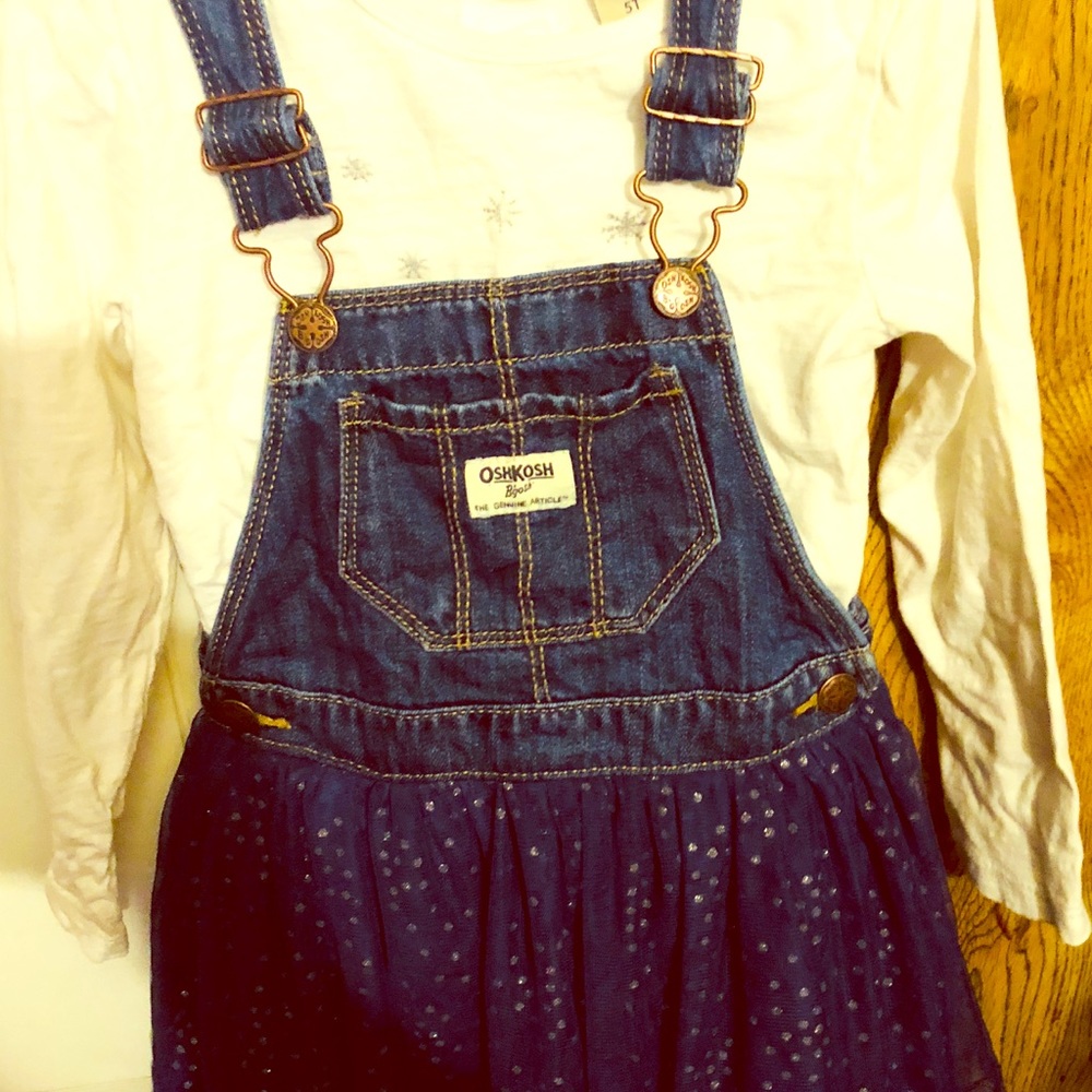 Oshkosh overall dress and long sleeve tee. 🎀